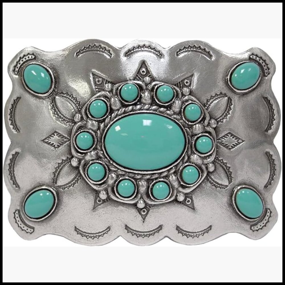 Antique Silver Engraved Belt Buckle with Turquoise Beads